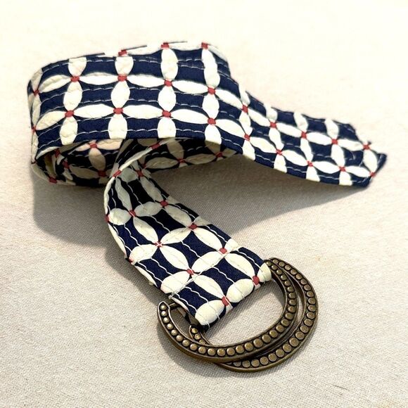 J. Crew Blue Red White Geometric Floral 100% Cotton Slide Buckle Fabric Belt - Picture 4 of 14